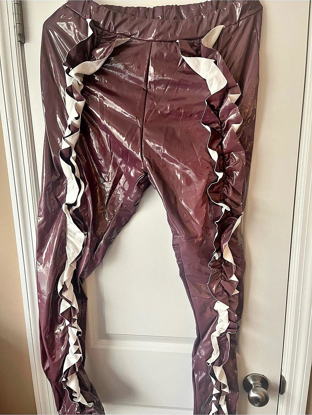 NWOT Women’s Burgundy Faux Liquid Leather Ruffle Pants Asian Size XL